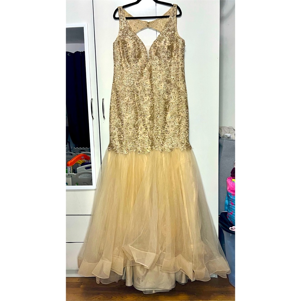 Beautiful gown higher in the front lower in the back. Hand embroidered.